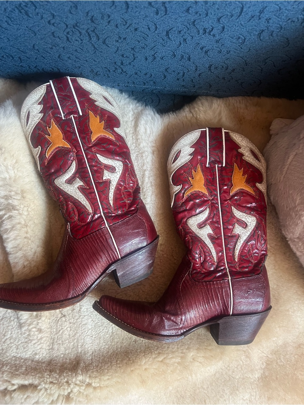 RARE Vintage Frye Lily Lizard cowgirl boots Red with Yellow and Off white detail